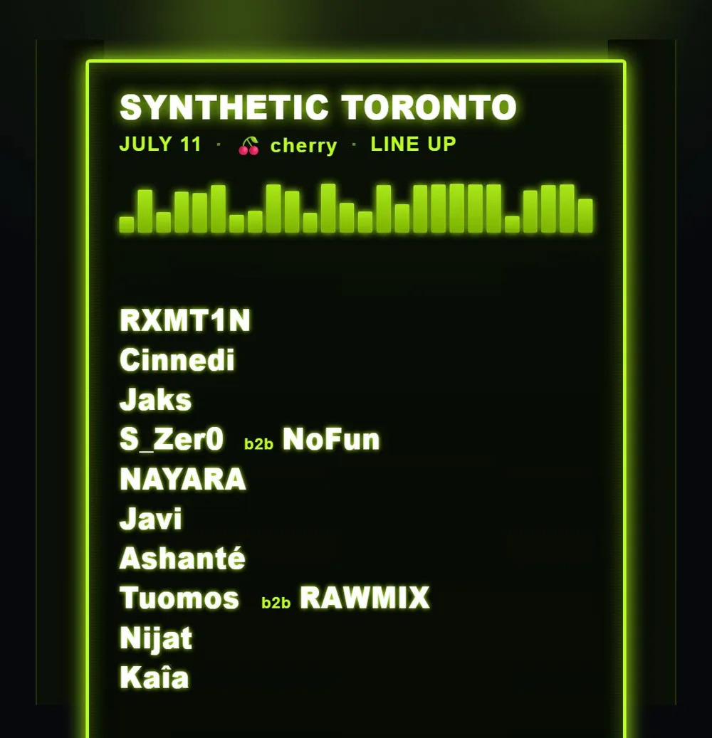SYN/TO flyer for CHERRY, 11 July 2026, Cherry Beach open air: lineup in green on black